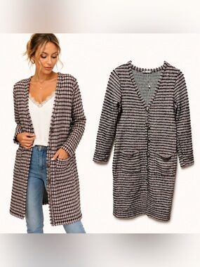 Zara Textured Tweed Knit Longline Cardigan Pink Black Cream Small Quiet Luxury